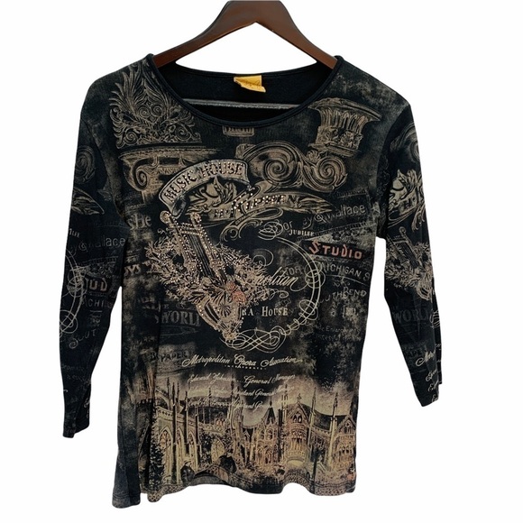 MONA Lisa🖤Graphic Black 3/4 Sleeve Scoop Neck T-Shirt Top - Picture 1 of 8